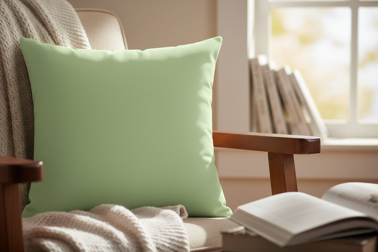 Fresh Green Faux Suede Square Pillow in a lounge chair