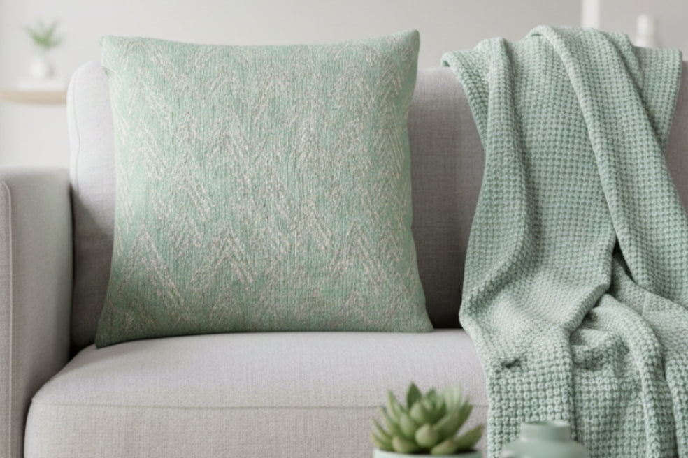 Fresh Green Mint Boho Ikat Woven Pillow and blanket on a gray sofa with a plant in the background