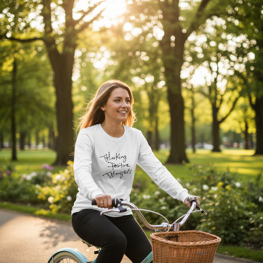 Model riding bike wearing White long-sleeve shirt with 'Thinking Positive Thoughts' text  