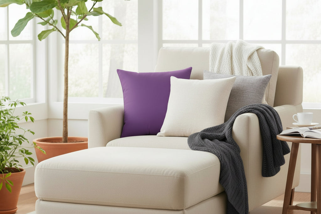 Garlic Purple Faux Suede Square Pillow in a lounge chair