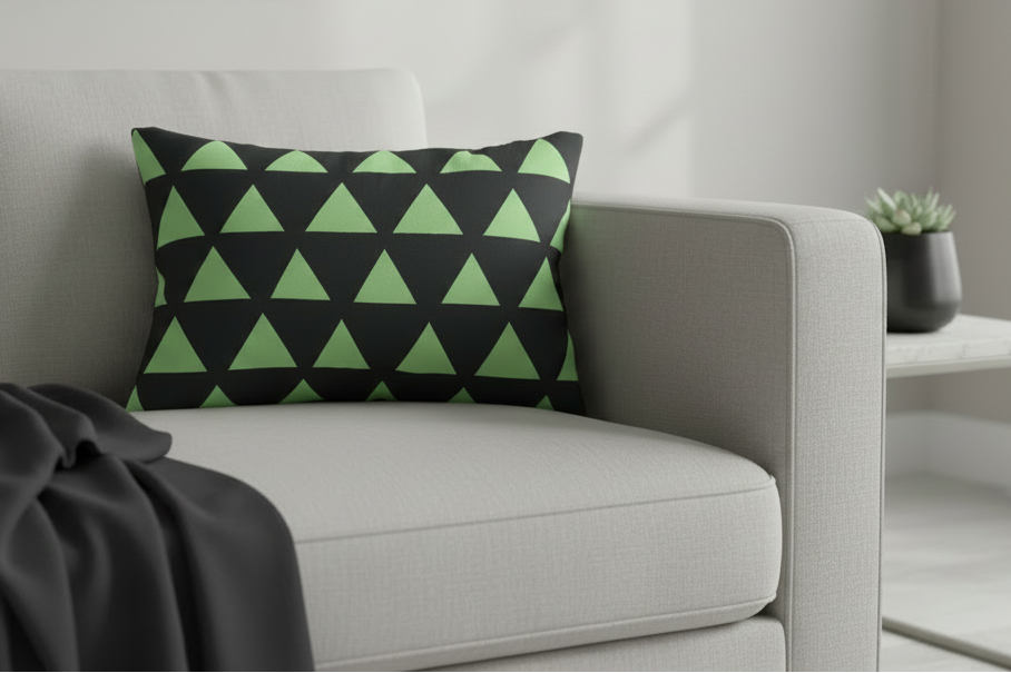 Geometric Fresh Green Mint Triangle Lumbar Pillow on a gray sofa