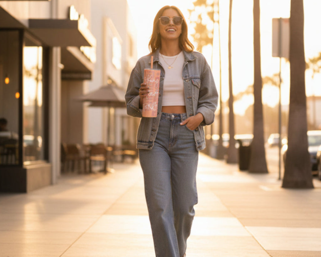 Woman walking on a sidewalk holding a Freebrd designed glitter blush tumbler cup, with a blurred urban background