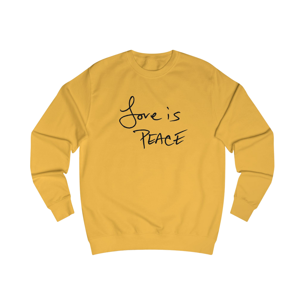 Gold sweatshirt with black 'Love is Peace' text
