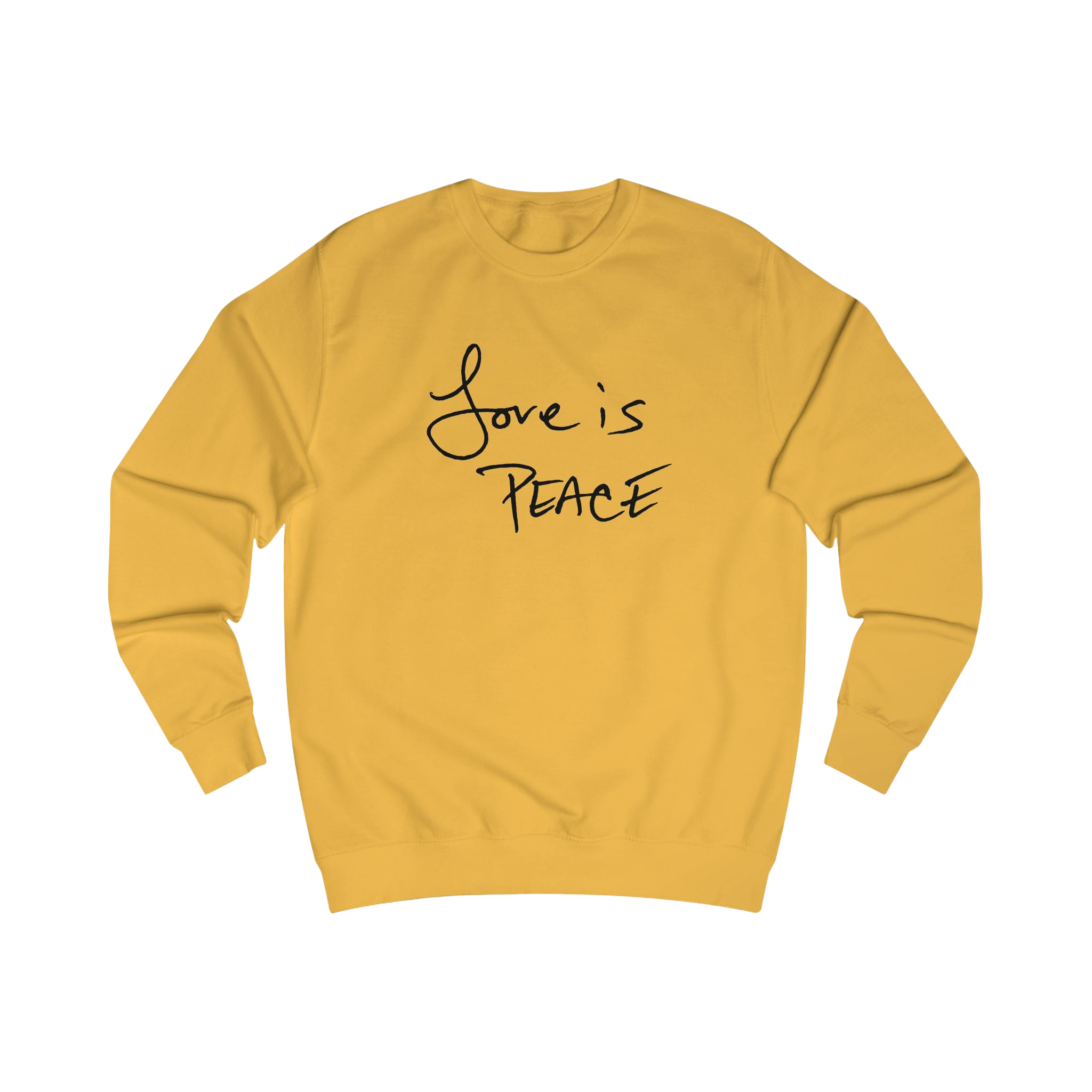 Gold sweatshirt with black 'Love is Peace' text
