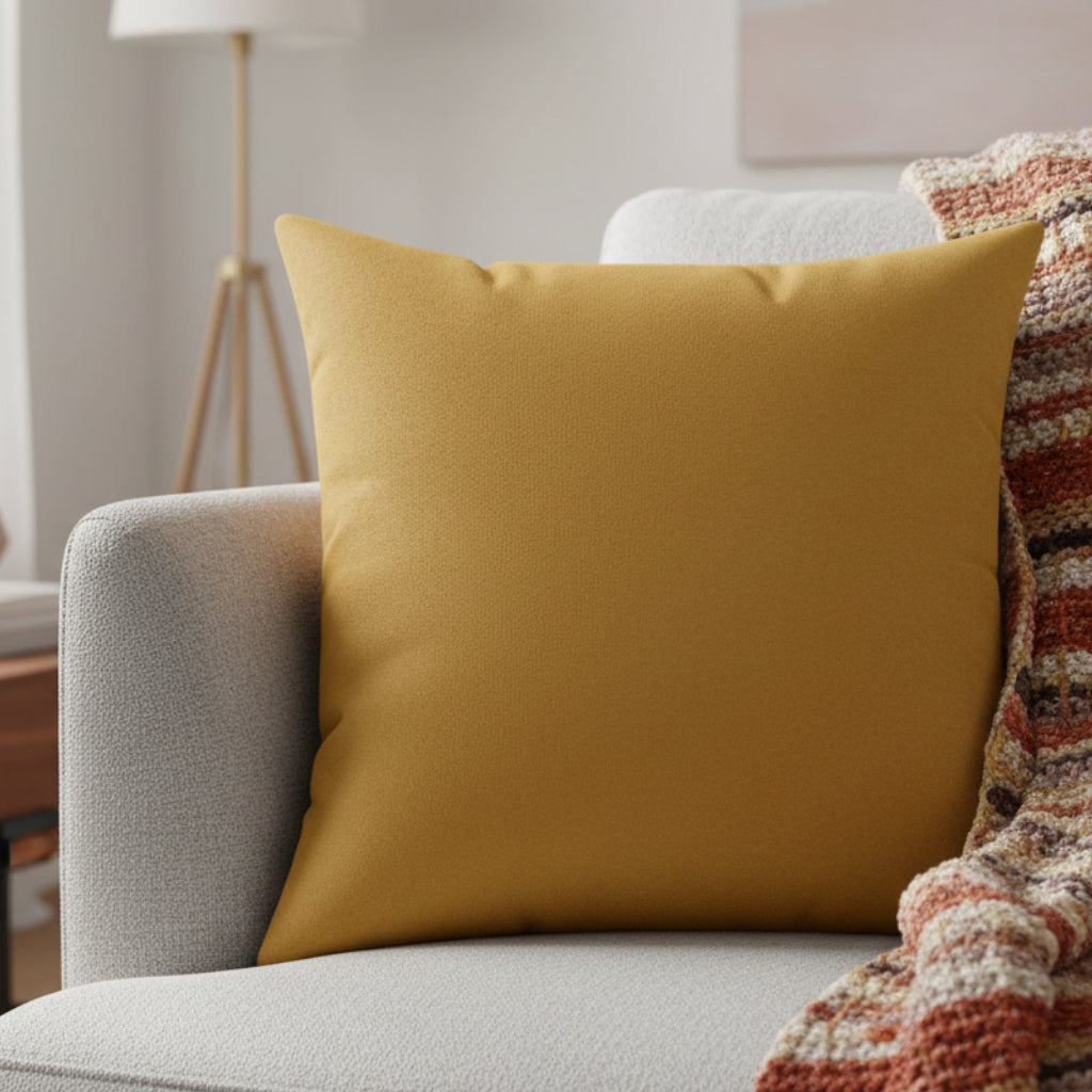 Gold Ochre Faux Suede Square Pillow on a gray sofa with a patterned blanket in a cozy living room.