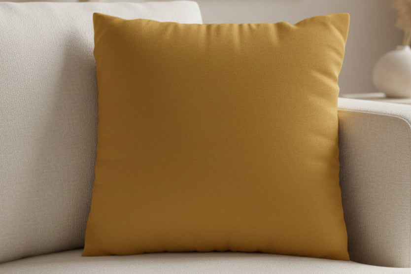 Gold Ochre Faux Suede Square Pillow on a beige couch