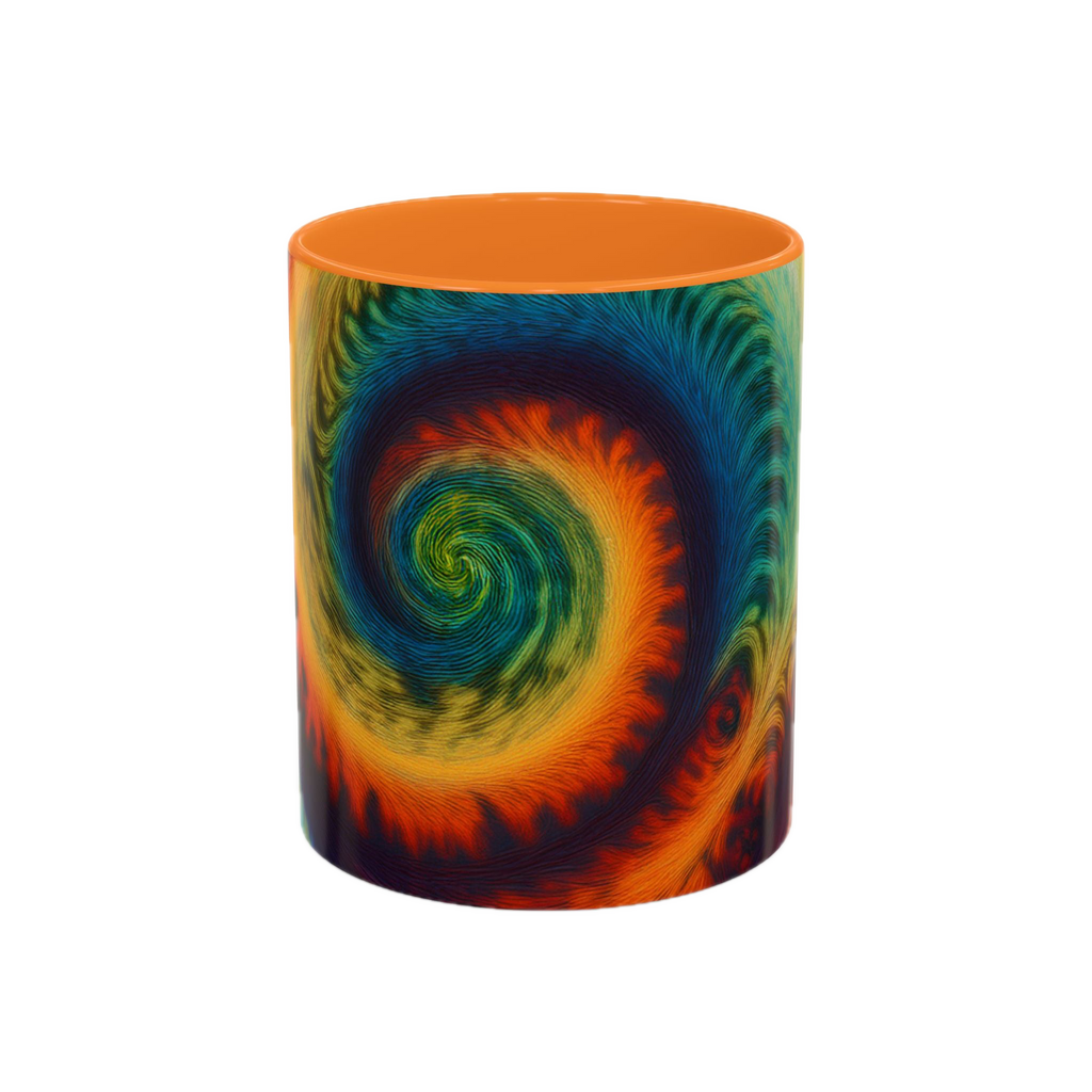 Colorful spiral-patterned mug with golden yellow ceramic handle and insides

