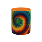 Colorful spiral-patterned mug with golden yellow ceramic handle and insides

