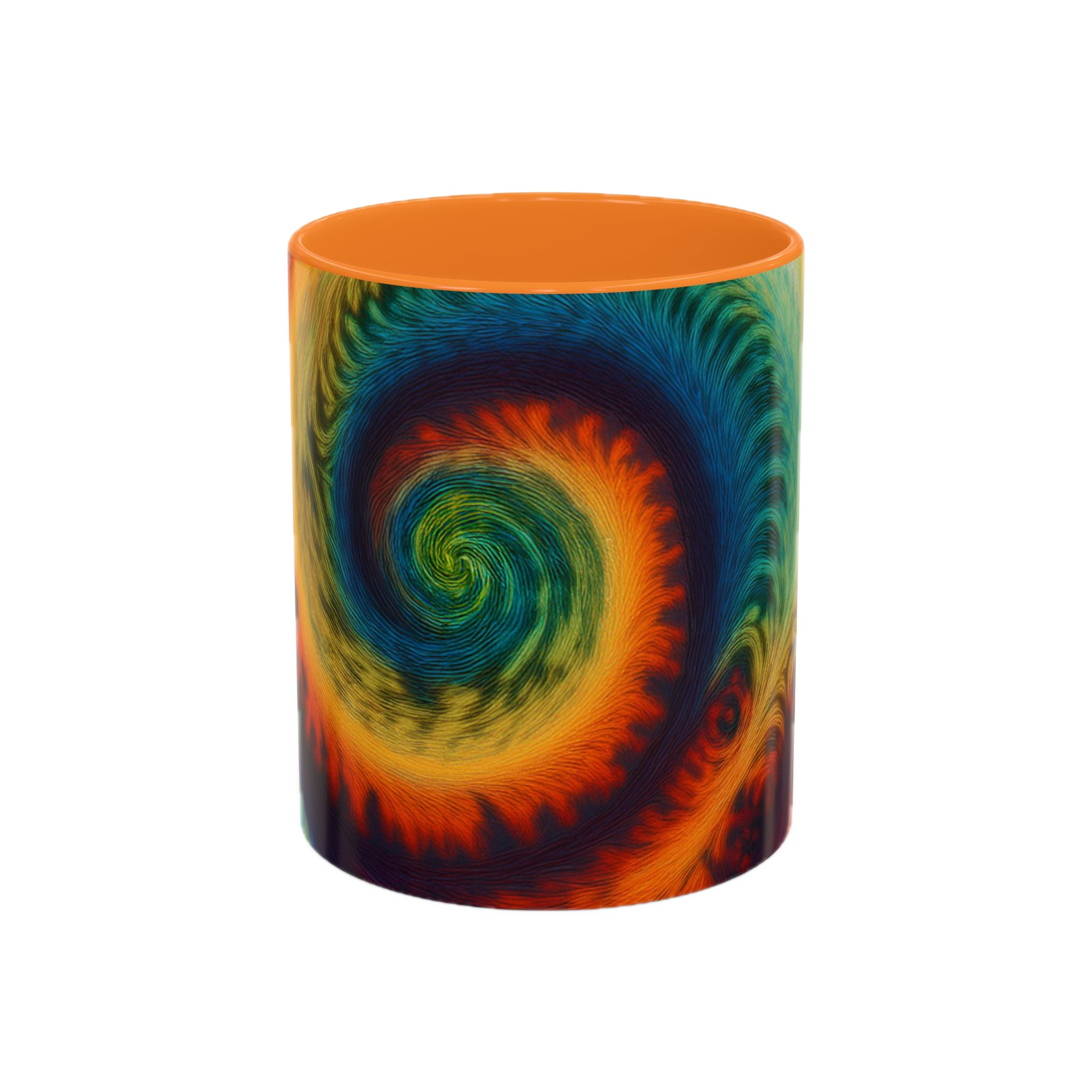 Colorful spiral-patterned mug with golden yellow ceramic handle and insides

