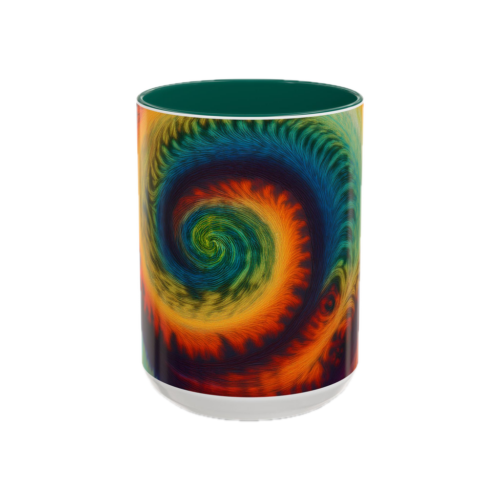 Colorful spiral-patterned mug with green ceramic handle and insides

