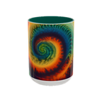Colorful spiral-patterned mug with green ceramic handle and insides

