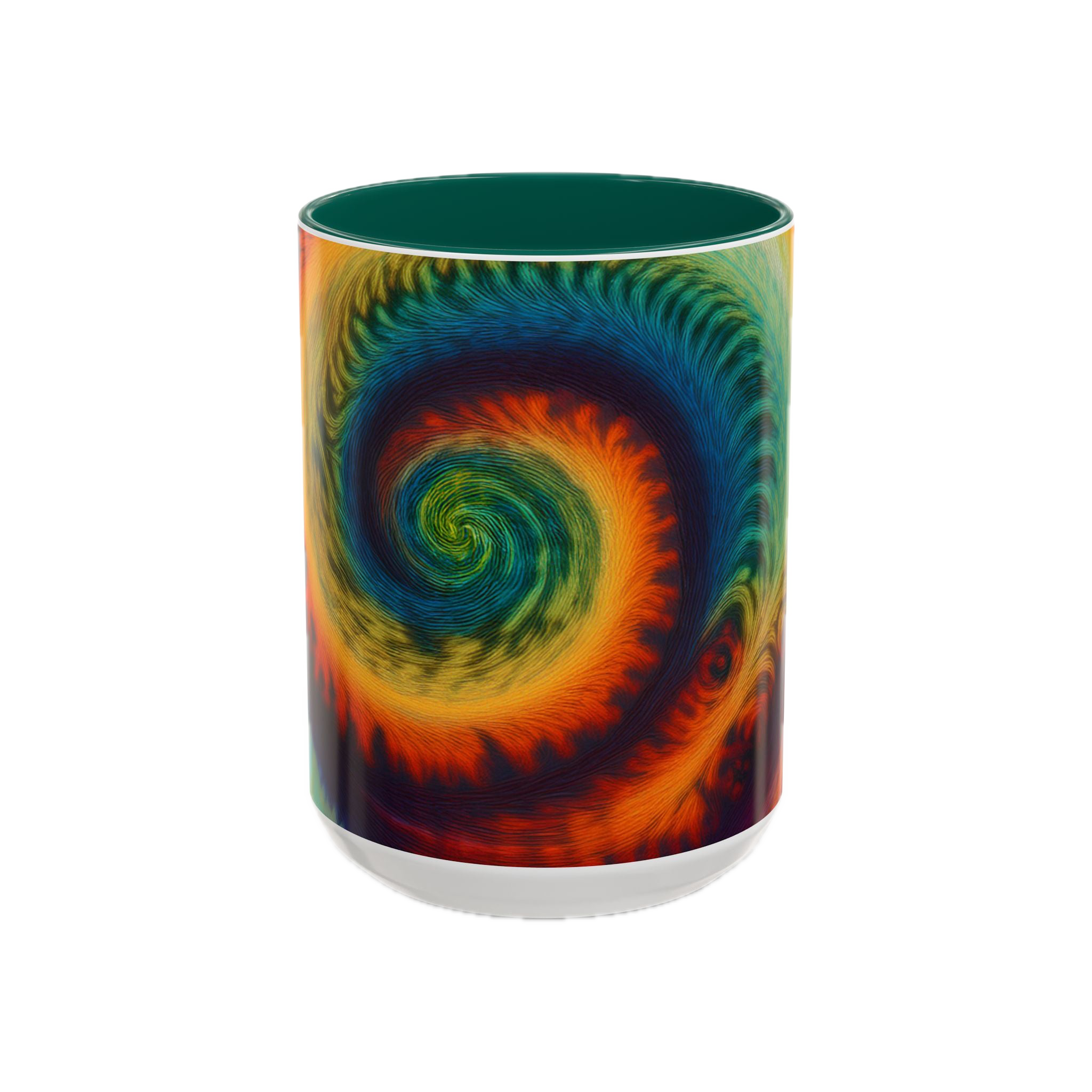 Colorful spiral-patterned mug with green ceramic handle and insides


