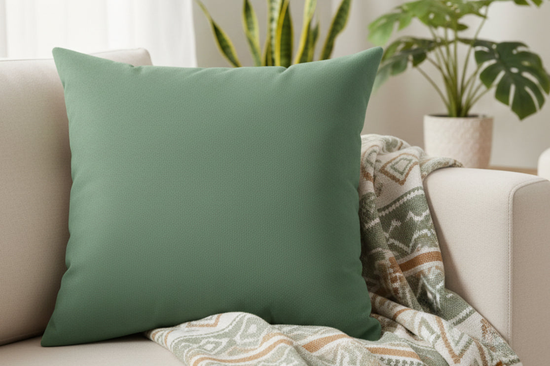 Green Dust Faux Suede Square Pillow on a beige sofa with plants in the background