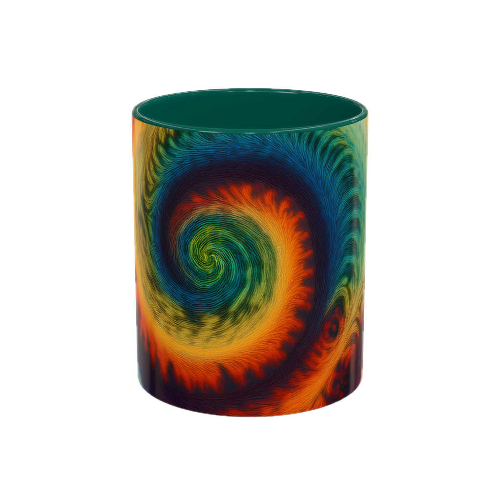 Colorful spiral-patterned mug with green ceramic handle and insides

