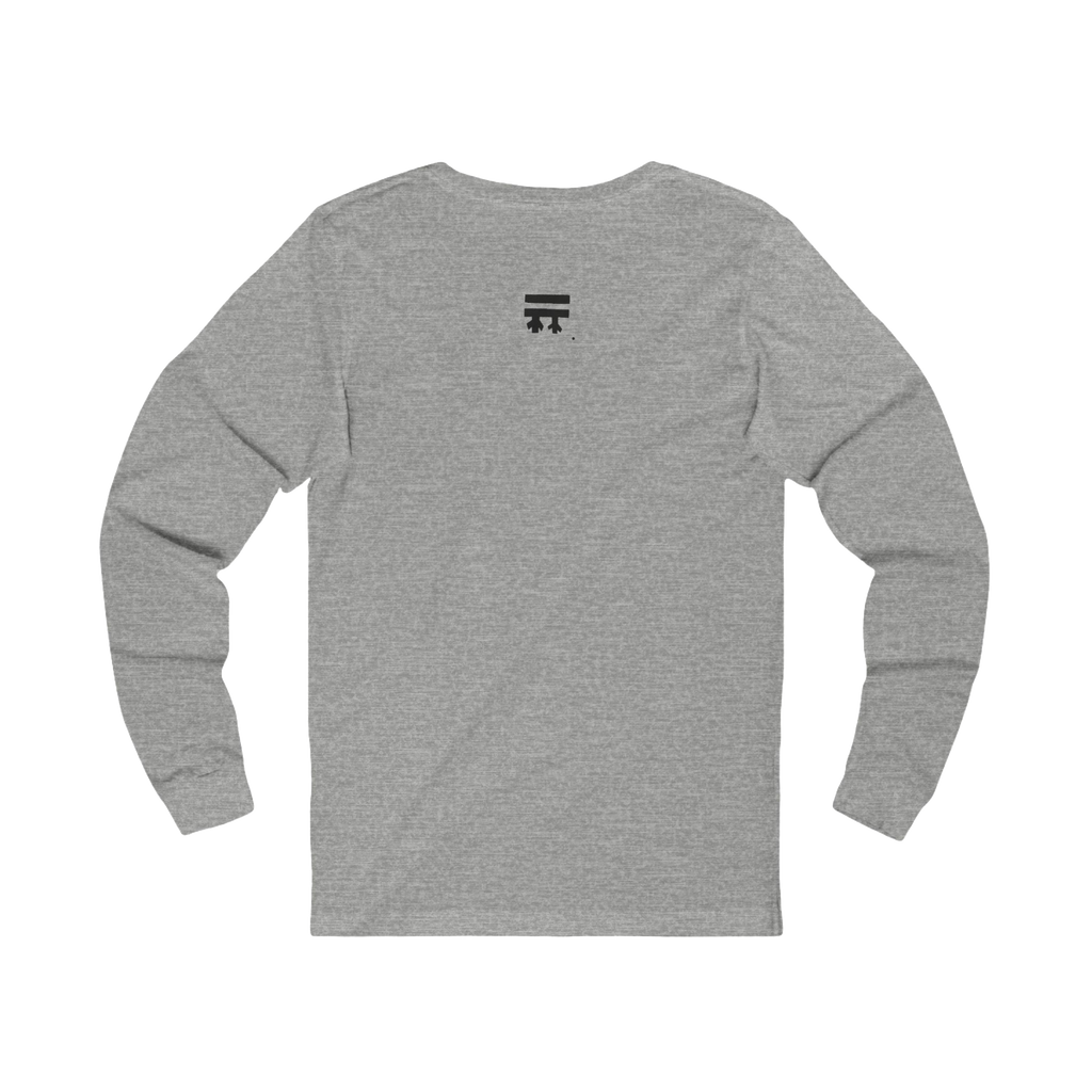 Back view of Grey long-sleeve shirt with black Freebrd logo top center on a Bella Canvas Unisex Jersey Long Sleeve Tee