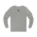 Back view of Grey long-sleeve shirt with black Freebrd logo top center on a Bella Canvas Unisex Jersey Long Sleeve Tee