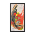 Front view of the “Grid Riser Rhino” Abstract Framed Art by FREEBRD on a 1.25” canvas with a 16" x 32” Vertical frame, showcasing vibrant orange, red, green and black acrylic textures with hints of vivid yellow, coral and gold, framed in a black wood FSC certified frame. 