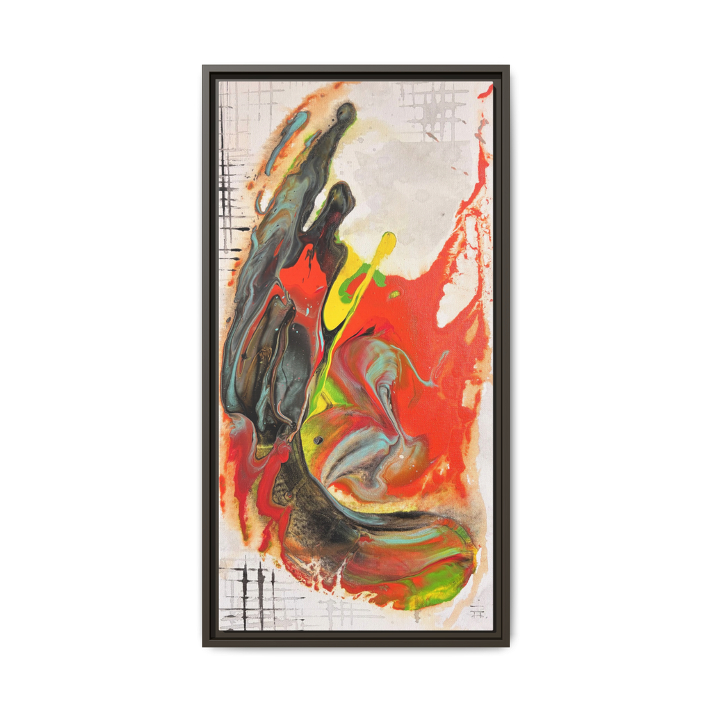 Side view of the “Grid Riser Rhino” Abstract Framed Art by FREEBRD on a 1.25” canvas with a 16" x 32” Vertical frame, showcasing vibrant orange, red, green and black acrylic textures with hints of vivid yellow, coral and gold, framed in an espresso wood FSC certified frame. 