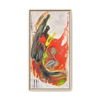 Front view of the “Grid Riser Rhino” Abstract Framed Art by FREEBRD on a 1.25” canvas with a 16" x 32” Vertical frame, showcasing vibrant orange, red, green and black acrylic textures with hints of vivid yellow, coral and gold, framed in a natural wood FSC certified frame. 