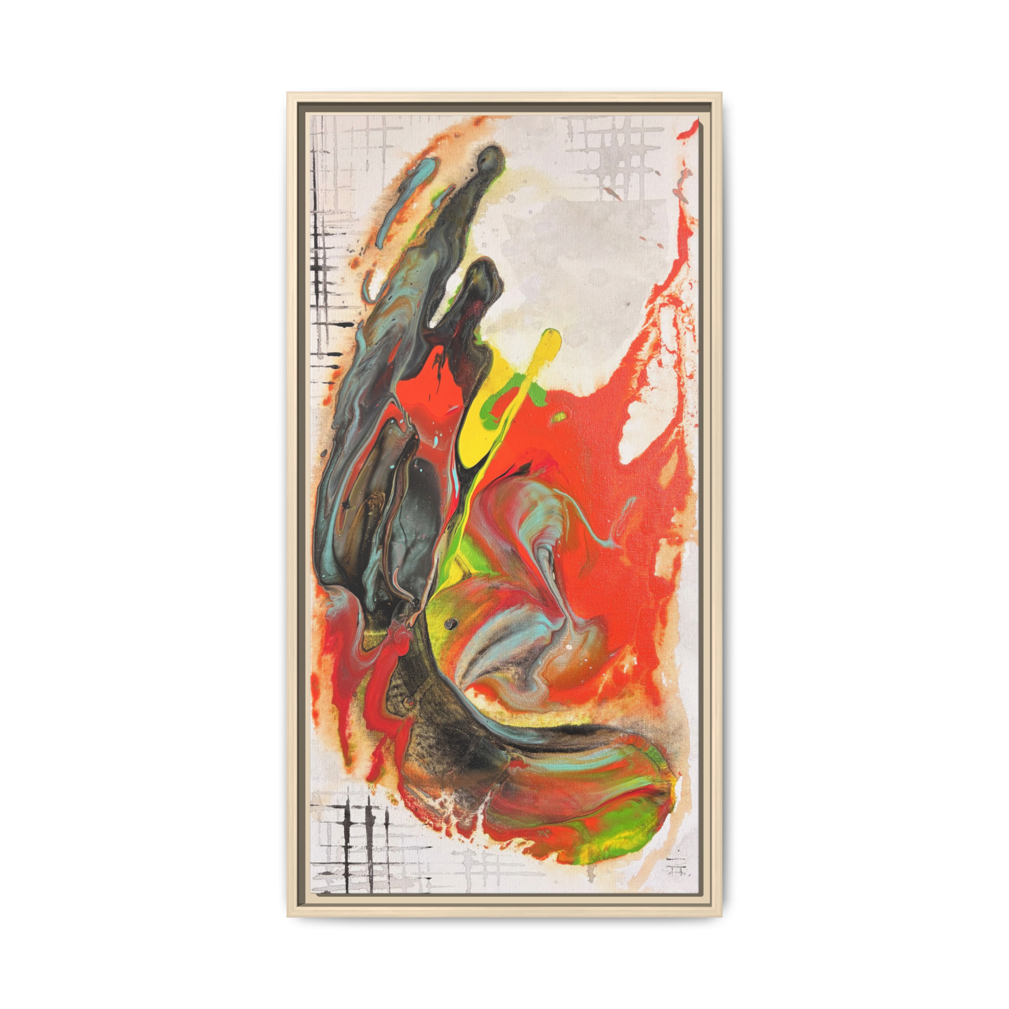 Front view of the “Grid Riser Rhino” Abstract Framed Art by FREEBRD on a 1.25” canvas with a 16" x 32” Vertical frame, showcasing vibrant orange, red, green and black acrylic textures with hints of vivid yellow, coral and gold, framed in a natural wood FSC certified frame. 