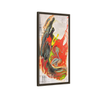 Side view of the “Grid Riser Rhino” Abstract Framed Art by FREEBRD on a 1.25” canvas with a 16" x 32” Vertical frame, showcasing vibrant orange, red, green and black acrylic textures with hints of vivid yellow, coral and gold, framed in an espresso wood FSC certified frame. 