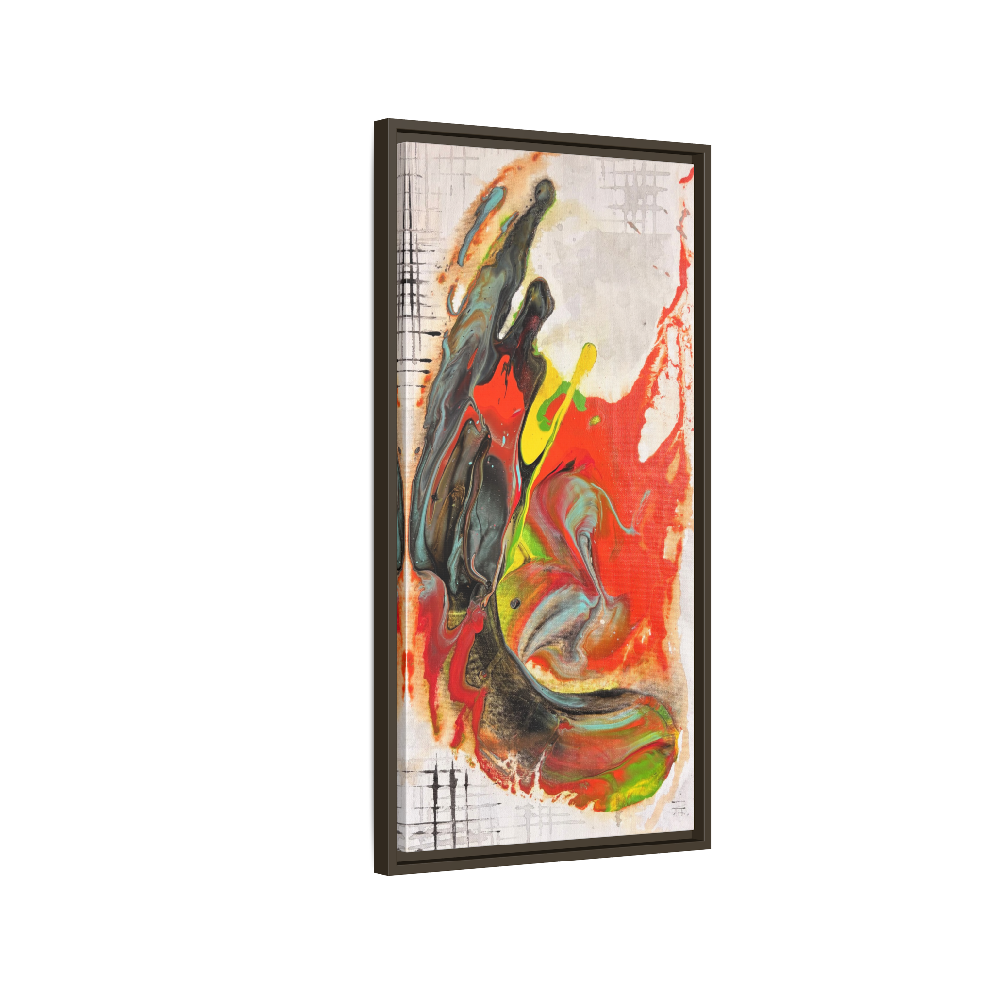 Side view of the “Grid Riser Rhino” Abstract Framed Art by FREEBRD on a 1.25” canvas with a 16" x 32” Vertical frame, showcasing vibrant orange, red, green and black acrylic textures with hints of vivid yellow, coral and gold, framed in an espresso wood FSC certified frame. 