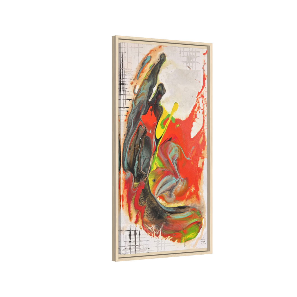 Side view of the “Grid Riser Rhino” Abstract Framed Art by FREEBRD on a 1.25” canvas with a 16" x 32” Vertical frame, showcasing vibrant orange, red, green and black acrylic textures with hints of vivid yellow, coral and gold, framed in a natural wood FSC certified wood frame. 