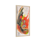 Side view of the “Grid Riser Rhino” Abstract Framed Art by FREEBRD on a 1.25” canvas with a 16" x 32” Vertical frame, showcasing vibrant orange, red, green and black acrylic textures with hints of vivid yellow, coral and gold, framed in a natural wood FSC certified wood frame. 