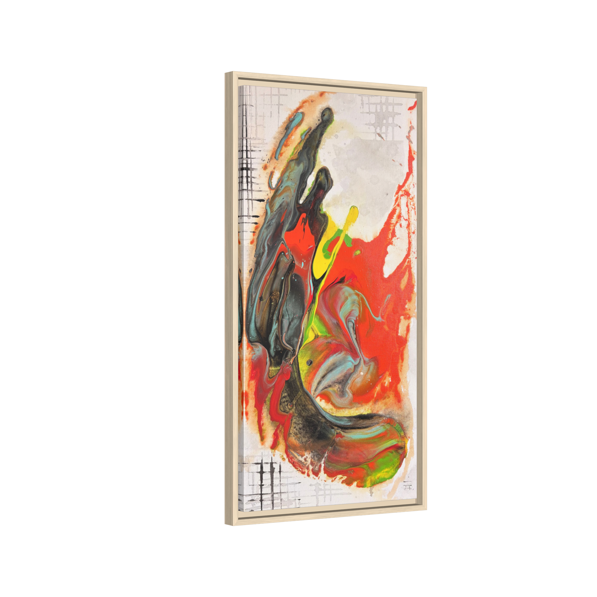 Side view of the “Grid Riser Rhino” Abstract Framed Art by FREEBRD on a 1.25” canvas with a 16" x 32” Vertical frame, showcasing vibrant orange, red, green and black acrylic textures with hints of vivid yellow, coral and gold, framed in a natural wood FSC certified wood frame. 