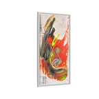 Side view of the “Grid Riser Rhino” Abstract Framed Art by FREEBRD on a 1.25” canvas with a 16" x 32” Vertical frame, showcasing vibrant orange, red, green and black acrylic textures with hints of vivid yellow, coral and gold, framed in a white wood FSC certified frame. 