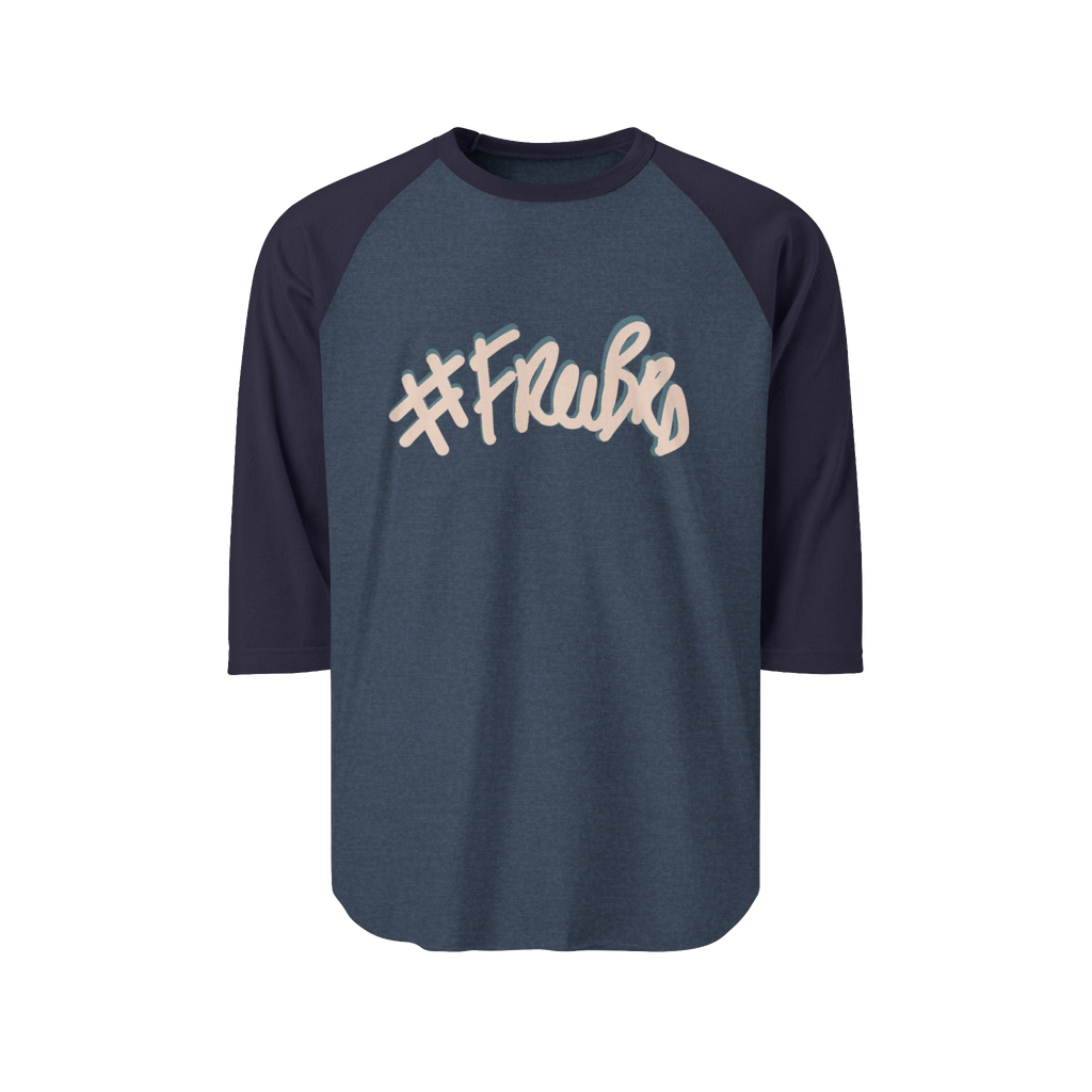 100% ring-spun cotton Raglan Shirt with heather denim torso and navy sleeves and hashtag Freebrd in beige text with a light blue shadow 