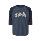 100% ring-spun cotton Raglan Shirt with heather denim torso and navy sleeves and hashtag Freebrd in beige text with a light blue shadow 