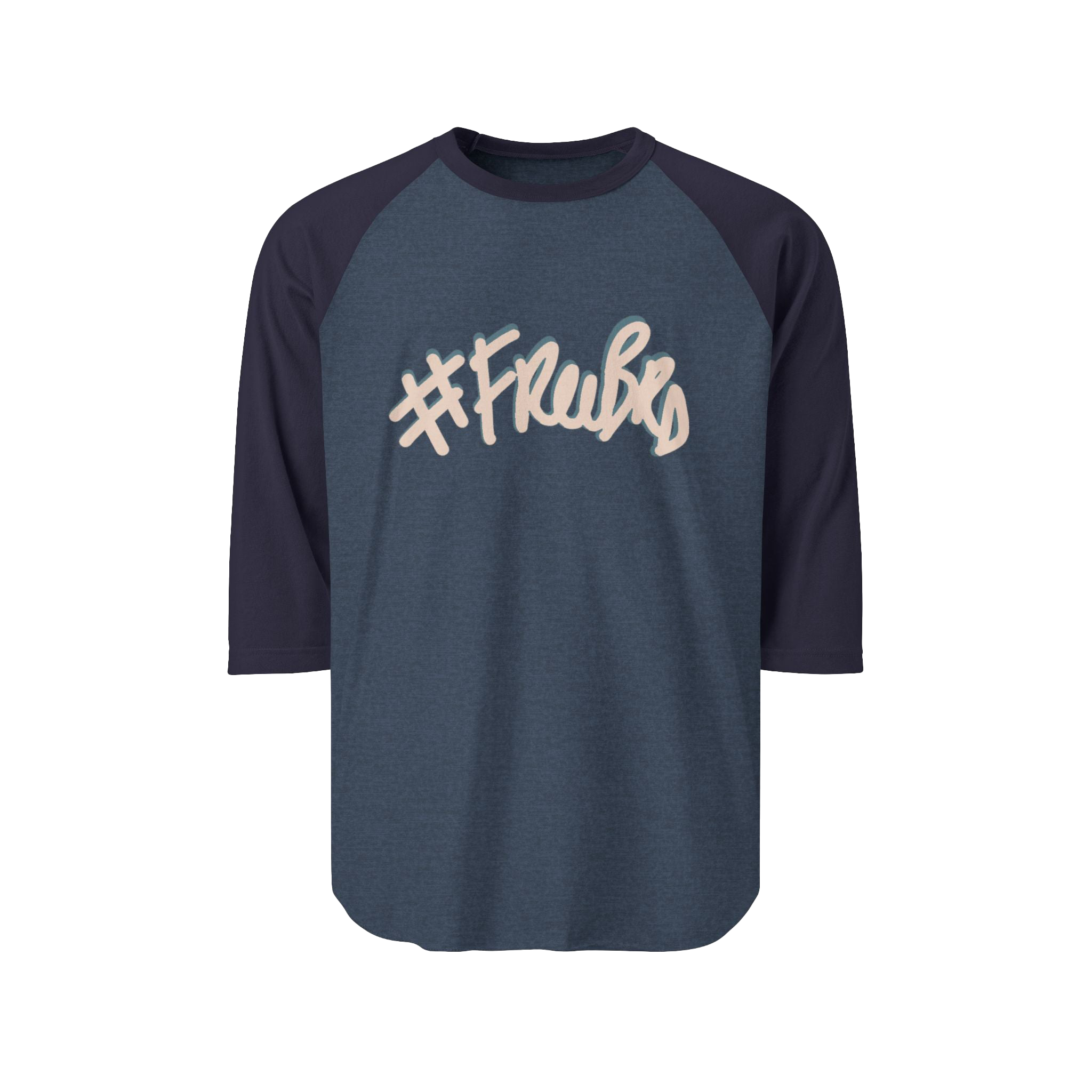 100% ring-spun cotton Raglan Shirt with heather denim torso and navy sleeves and hashtag Freebrd in beige text with a light blue shadow 