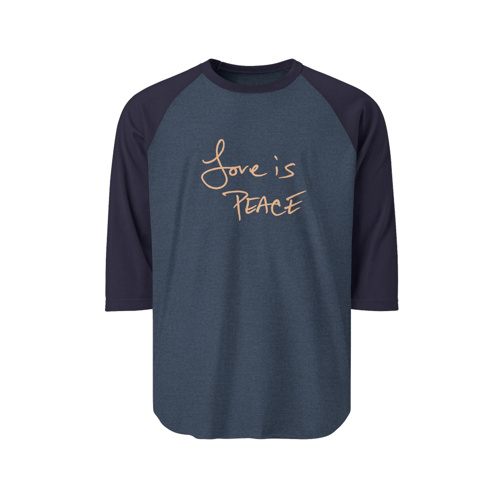 Heather Denim/Navy Blue Unisex three-quarter Sleeve Baseball Raglan Tee with navy Sleeves on a heather denim shirt and "Love is Peace" in khaki text 