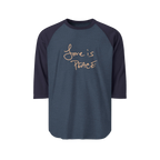 Heather Denim/Navy Blue Unisex three-quarter Sleeve Baseball Raglan Tee with navy Sleeves on a heather denim shirt and "Love is Peace" in khaki text 