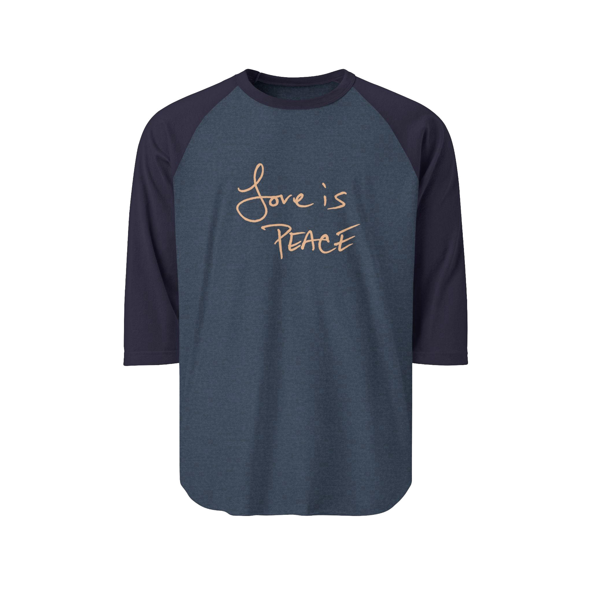 Heather Denim/Navy Blue Unisex three-quarter Sleeve Baseball Raglan Tee with navy Sleeves on a heather denim shirt and "Love is Peace" in khaki text 