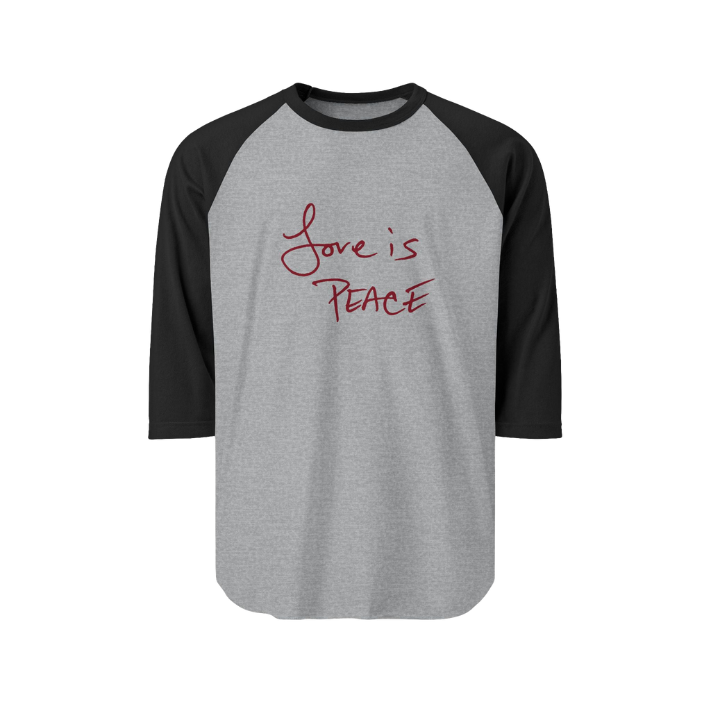 Heather Grey/Black Unisex three-quarter Sleeve Baseball Raglan Tee with black sleeves on Heather Grey Shirt and "Love is Peace" in red text 
 