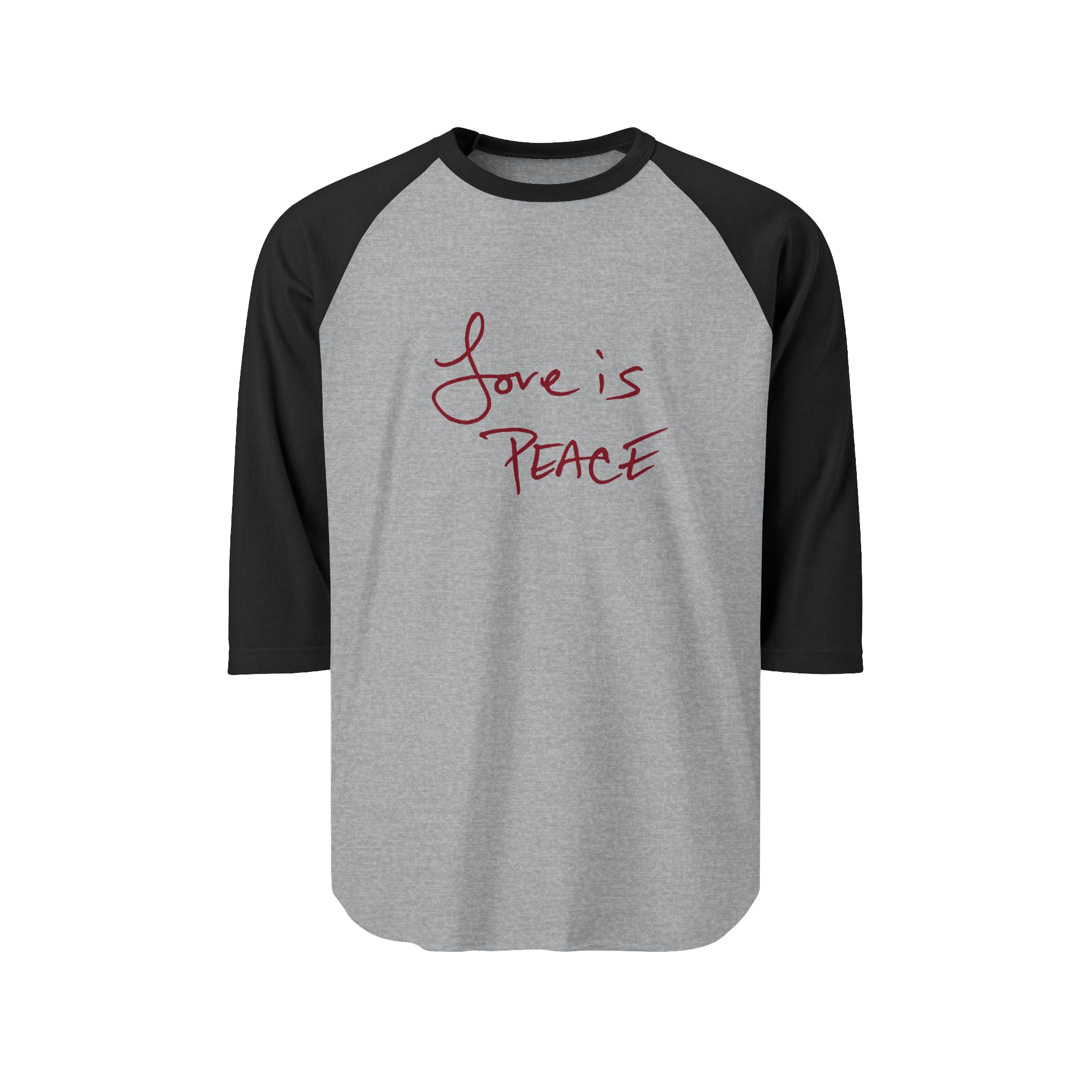 Heather Grey/Black Unisex three-quarter Sleeve Baseball Raglan Tee with black sleeves on Heather Grey Shirt and "Love is Peace" in red text 
 