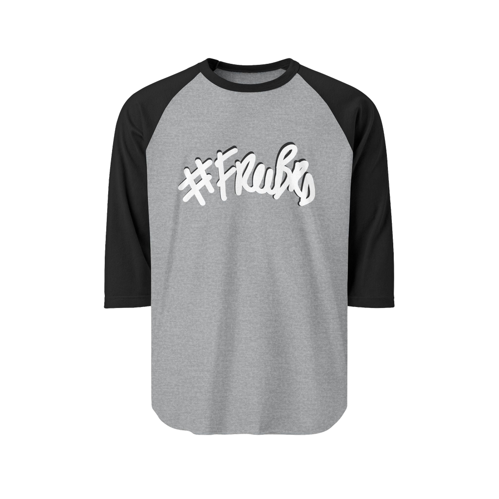 100% ring-spun cotton Raglan Shirt with heather grey torso and black sleeves and hashtag Freebrd in white text with a black shadow 
