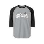 100% ring-spun cotton Raglan Shirt with heather grey torso and black sleeves and hashtag Freebrd in white text with a black shadow 
