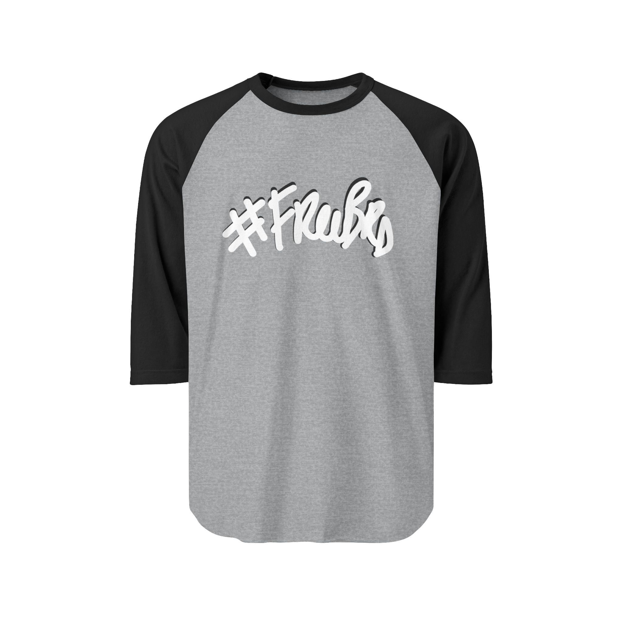 100% ring-spun cotton Raglan Shirt with heather grey torso and black sleeves and hashtag Freebrd in white text with a black shadow 
