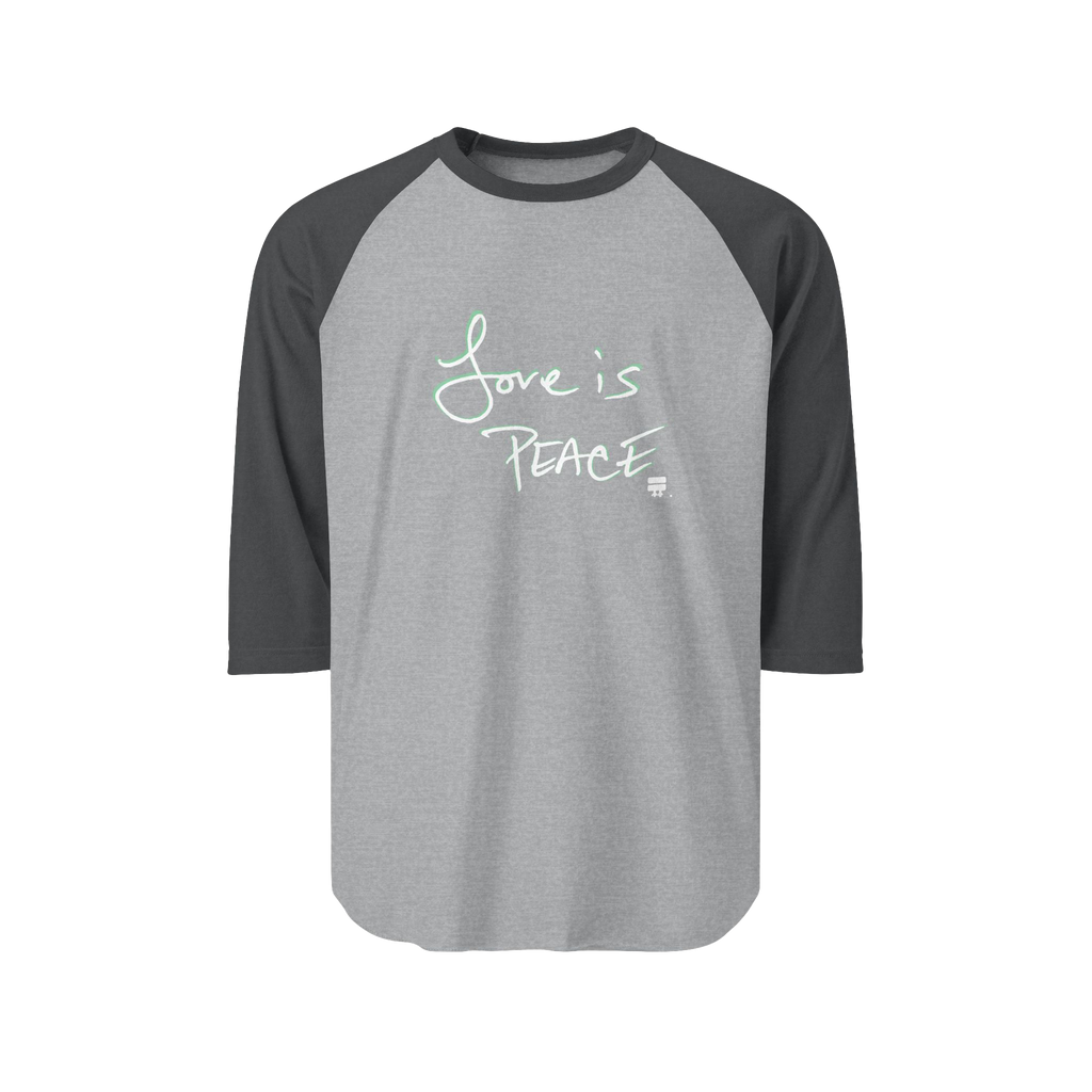 Heather Grey/Heather Charcoal Unisex three-quarter Sleeve Baseball Raglan Tee with Heather Charcoal Sleeves on Heather Grey Shirt and "Love is Peace" in white text