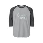 Heather Grey/Heather Charcoal Unisex three-quarter Sleeve Baseball Raglan Tee with Heather Charcoal Sleeves on Heather Grey Shirt and "Love is Peace" in white text