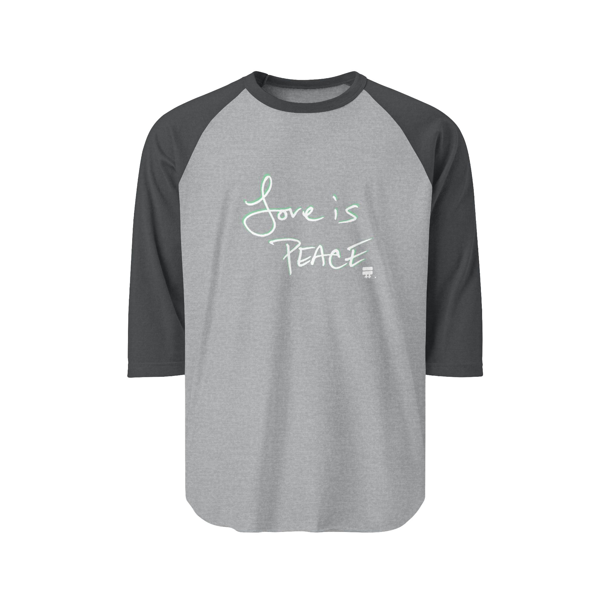 Heather Grey/Heather Charcoal Unisex three-quarter Sleeve Baseball Raglan Tee with Heather Charcoal Sleeves on Heather Grey Shirt and "Love is Peace" in white text