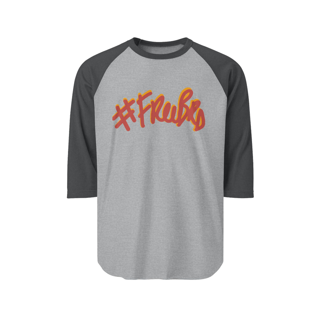 100% ring-spun cotton Raglan Shirt with heather grey torso and heather charcoal sleeves and hashtag Freebrd in retro crimson red text with a mustard yellow shadow 
