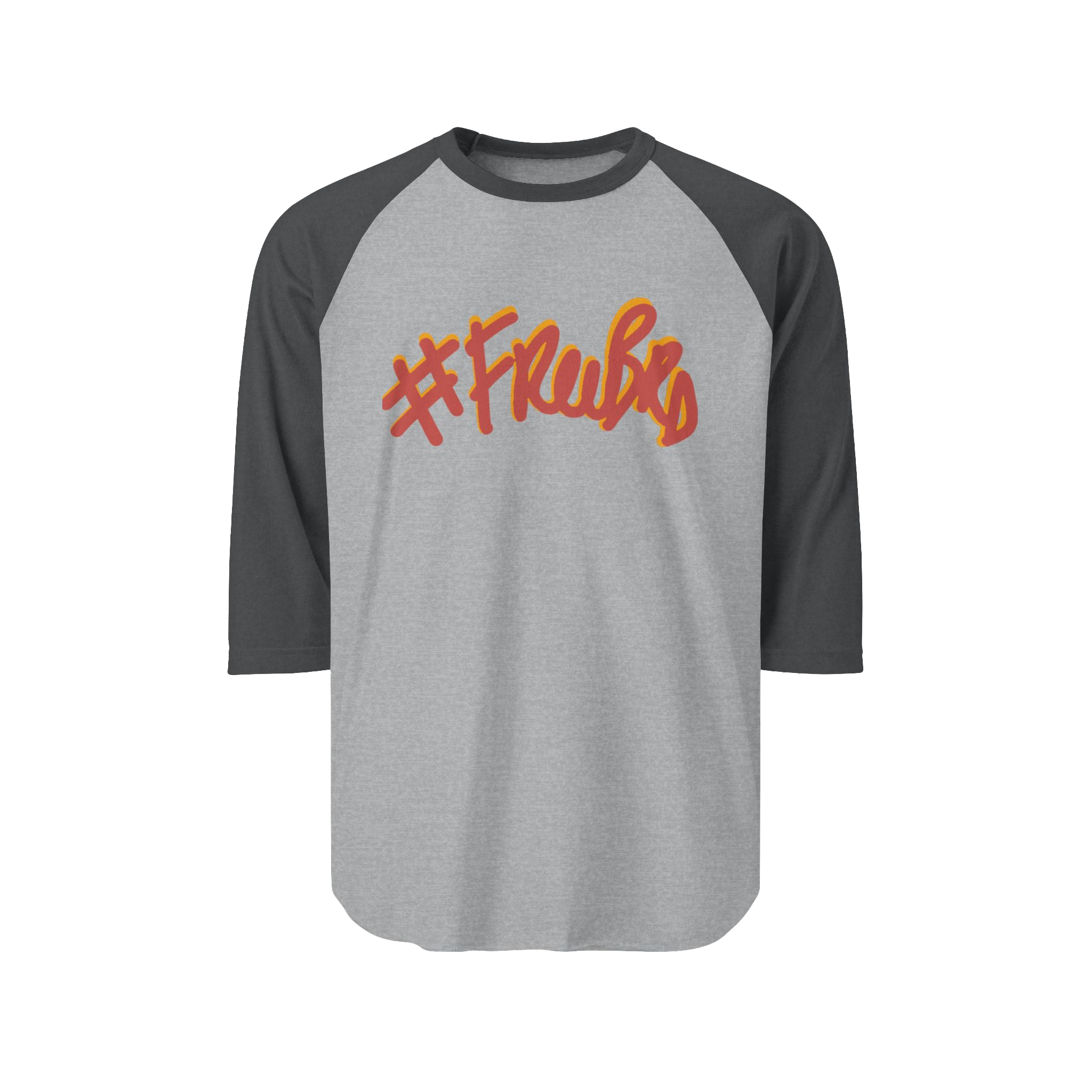 100% ring-spun cotton Raglan Shirt with heather grey torso and heather charcoal sleeves and hashtag Freebrd in retro crimson red text with a mustard yellow shadow 