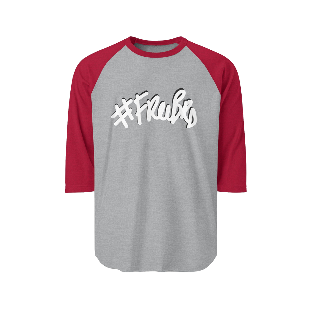 100% ring-spun cotton Raglan Shirt with heather grey torso and heather red sleeves and hashtag Freebrd in white text with a black shadow 