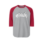 100% ring-spun cotton Raglan Shirt with heather grey torso and heather red sleeves and hashtag Freebrd in white text with a black shadow 