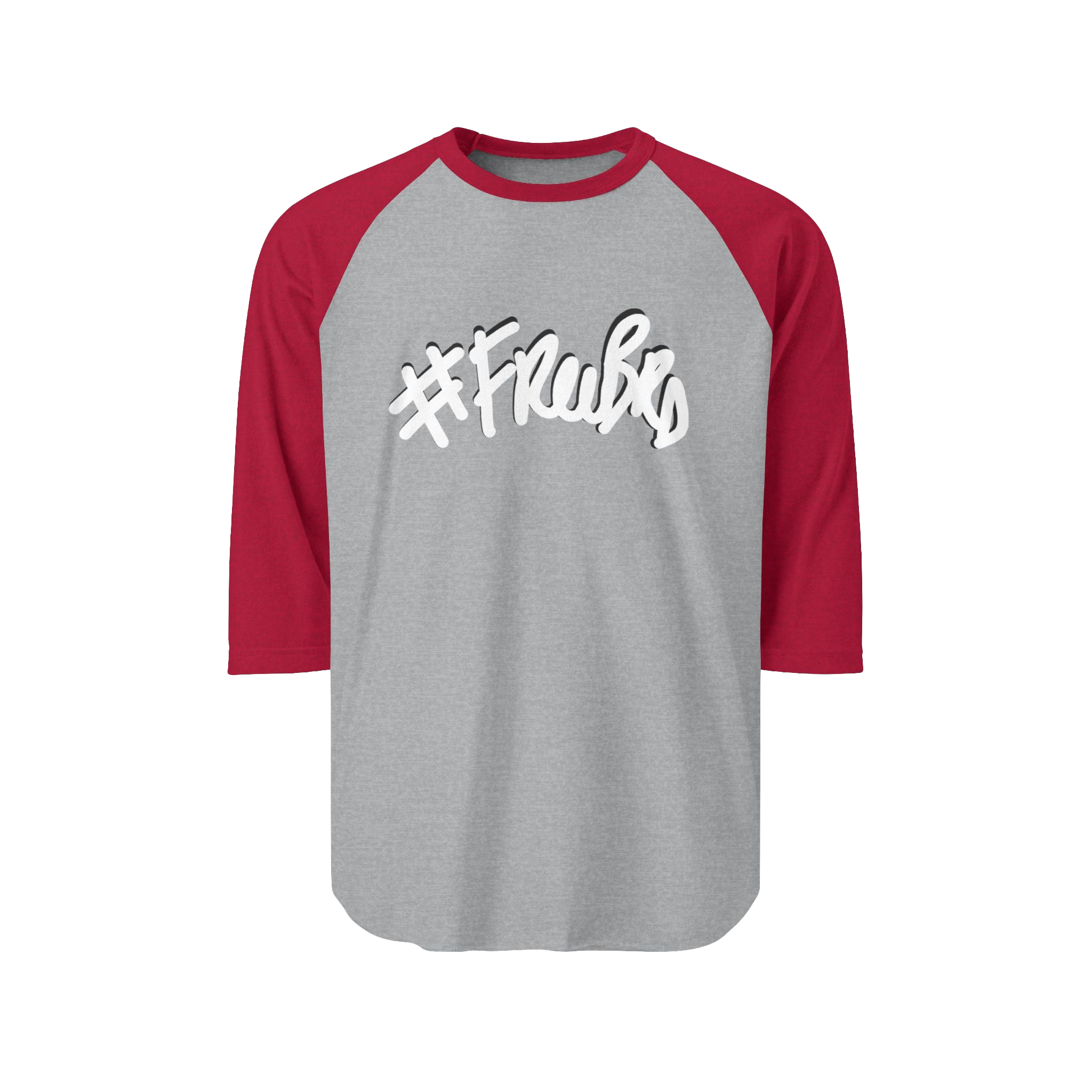 100% ring-spun cotton Raglan Shirt with heather grey torso and heather red sleeves and hashtag Freebrd in white text with a black shadow 