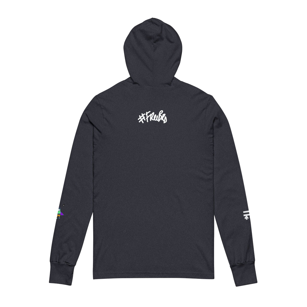 Heather Navy Hooded Active Street wear with Freebrd "space flight" graphic on left sleeve, and white Freebrd logo on right sleeve along with "#freebrd" in white letters center back of apparel